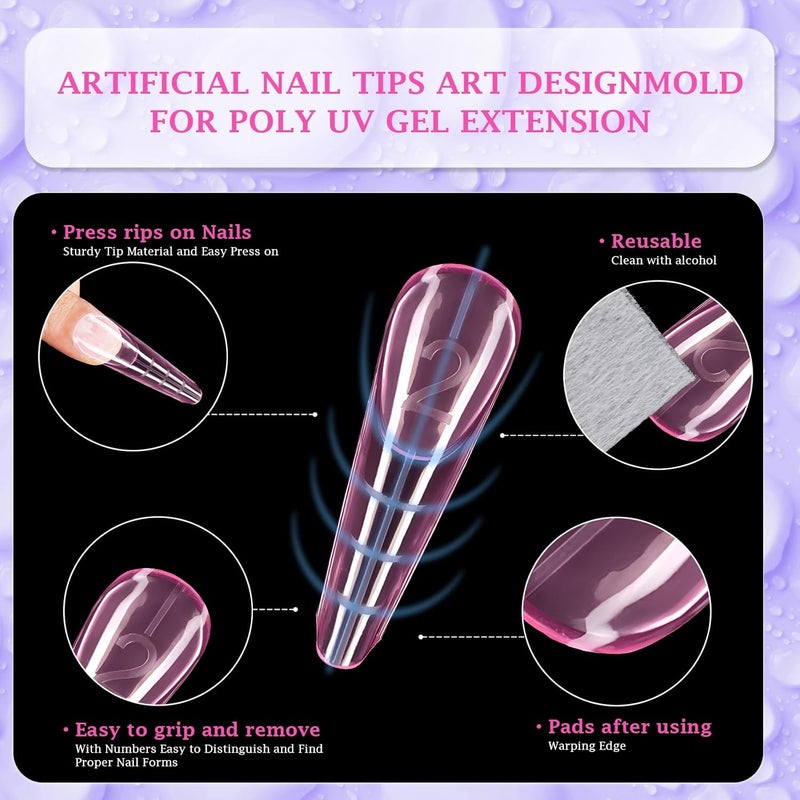 Outopen 150pcs Long Curved Tapered Stiletto Nail Forms Clear Pink Full Cover Nail Extension Art Mold with Scale Reusable Nail Forms for Polygel Acrylic Extension Beginners DIY Manicure, 15 Sizes - Image 3